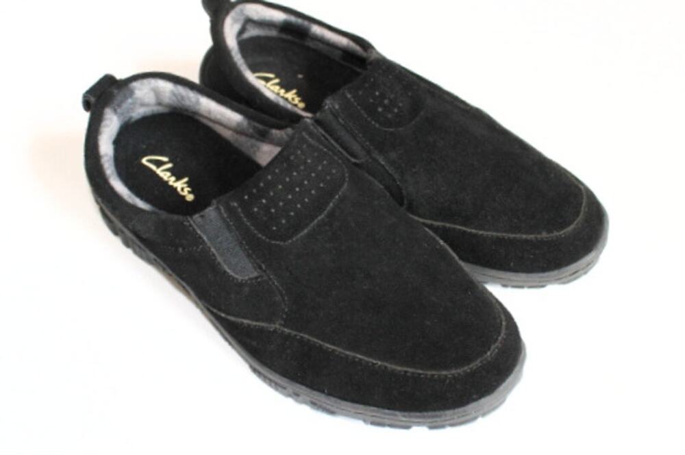Clarks Comfort Shoe Loafer Womens 8 Black Suede Flannel Lined  Hard Sole Slipper